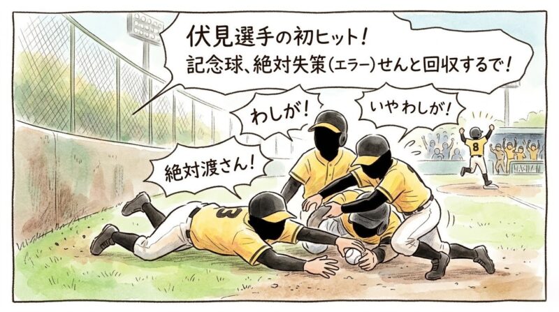「伏見選手の初ヒット!記念球、絶対失策せんと回収するで!」というセリフとともに、外野フェンス際に落ちたボールを巡って黄色と黒のユニフォームの選手たちがコミカルに競り合う温かい手書きイラスト風の1コマ漫画。選手の顔は帽子や角度で隠れている。遠景では伏見選手が喜んでいる。16:9。ロゴなし。