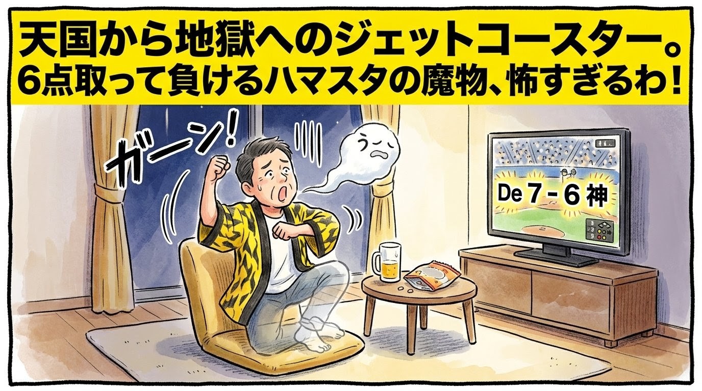 「天国から地獄へのジェットコースター」という巨大な文字。テレビの逆転スコアを見て、踊ったポーズのまま魂が抜け、体が透明になりかけているお父ちゃんの1コマ漫画。温かい水彩・色鉛筆風。16:9。ロゴなし。