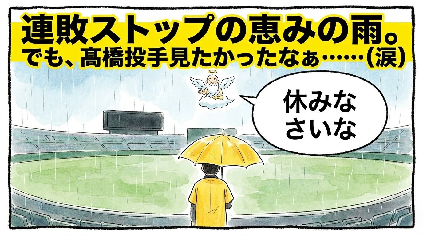 「連敗ストップの恵みの雨」という巨大な文字。雨の無人球場で黄色い傘をさして佇むお父ちゃんと、空から声をかける野球の神様の1コマ漫画。温かい水彩・色鉛筆風。16:9。ロゴなし。