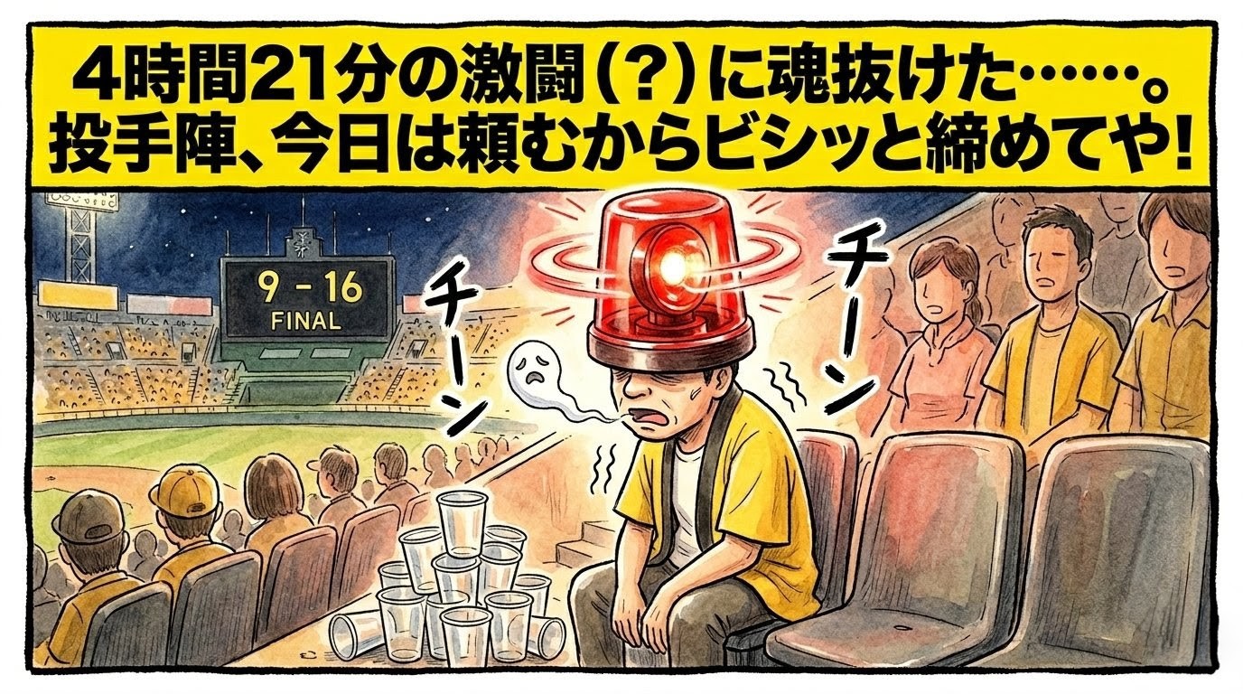 「4時間21分の激闘に魂抜けた……」という巨大な文字。頭が回転灯になり魂が口から出ているお父ちゃんと、9-16のスコアが映る1コマ漫画。温かい水彩・色鉛筆風。16:9。ロゴなし。