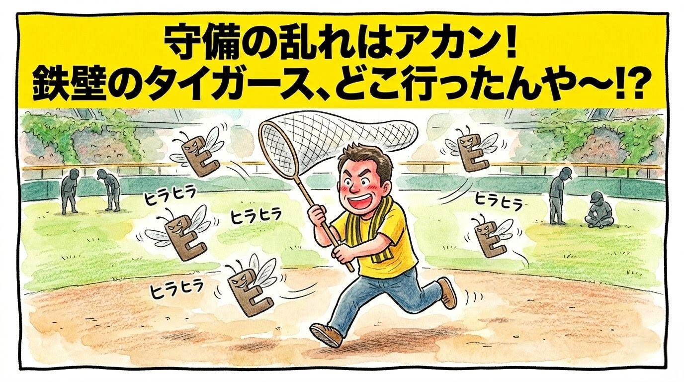 「守備の乱れはアカン！」という巨大な文字が上部にある、お父ちゃんが虫取り網で「E（エラー）」の形をした虫を追いかけているコミカルな1コマ漫画風アイキャッチ。温かい水彩・色鉛筆風。16:9。ロゴなし。