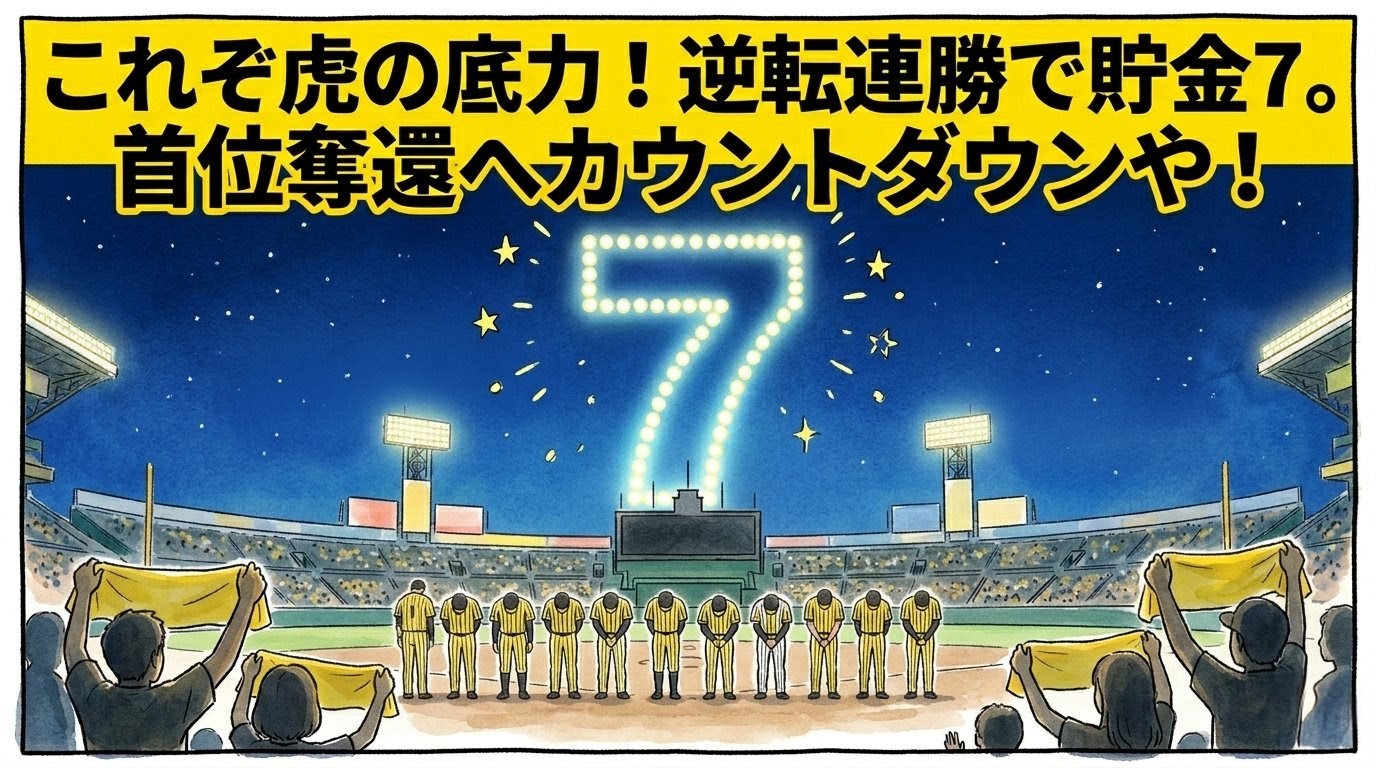 「貯金7。首位奪還へカウントダウン！」という巨大な文字。甲子園のような球場の上空に数字の「7」の形をした雲が浮かび、選手が整列する感動的な1コマ漫画。温かい水彩・色鉛筆風。16:9。ロゴなし。