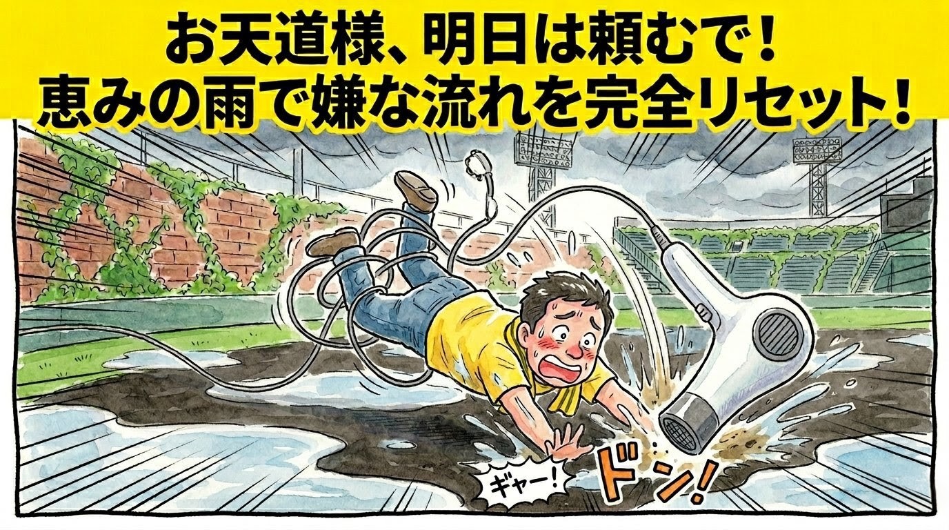 「お天道様、明日は頼むで！」という巨大な文字。雨の甲子園を巨大ドライヤーで乾かそうとして派手に転ぶお父ちゃんの1コマ漫画風アイキャッチ。温かい水彩・色鉛筆風。16:9。ロゴなし。