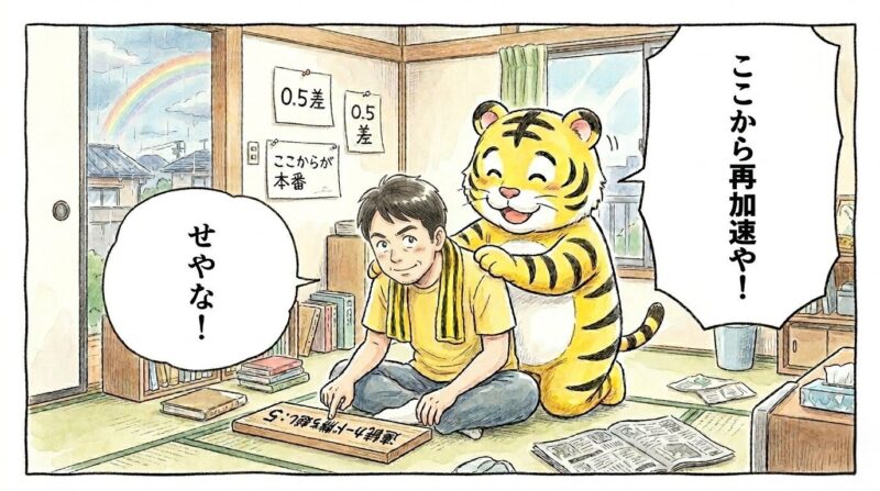 連続勝ち越し記録が止まって落ち込むお父ちゃんを、虎が優しく励ますコミカルで温かい1コマ漫画。水彩・色鉛筆風。16:9。ロゴなし。