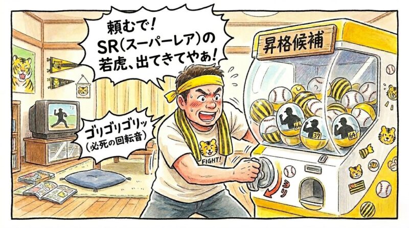  「昇格候補」のガシャポンを必死に回し、「SRの若虎出てきて！」と叫ぶお父ちゃんのコミカルな一コマ漫画。温かい水彩・色鉛筆風。