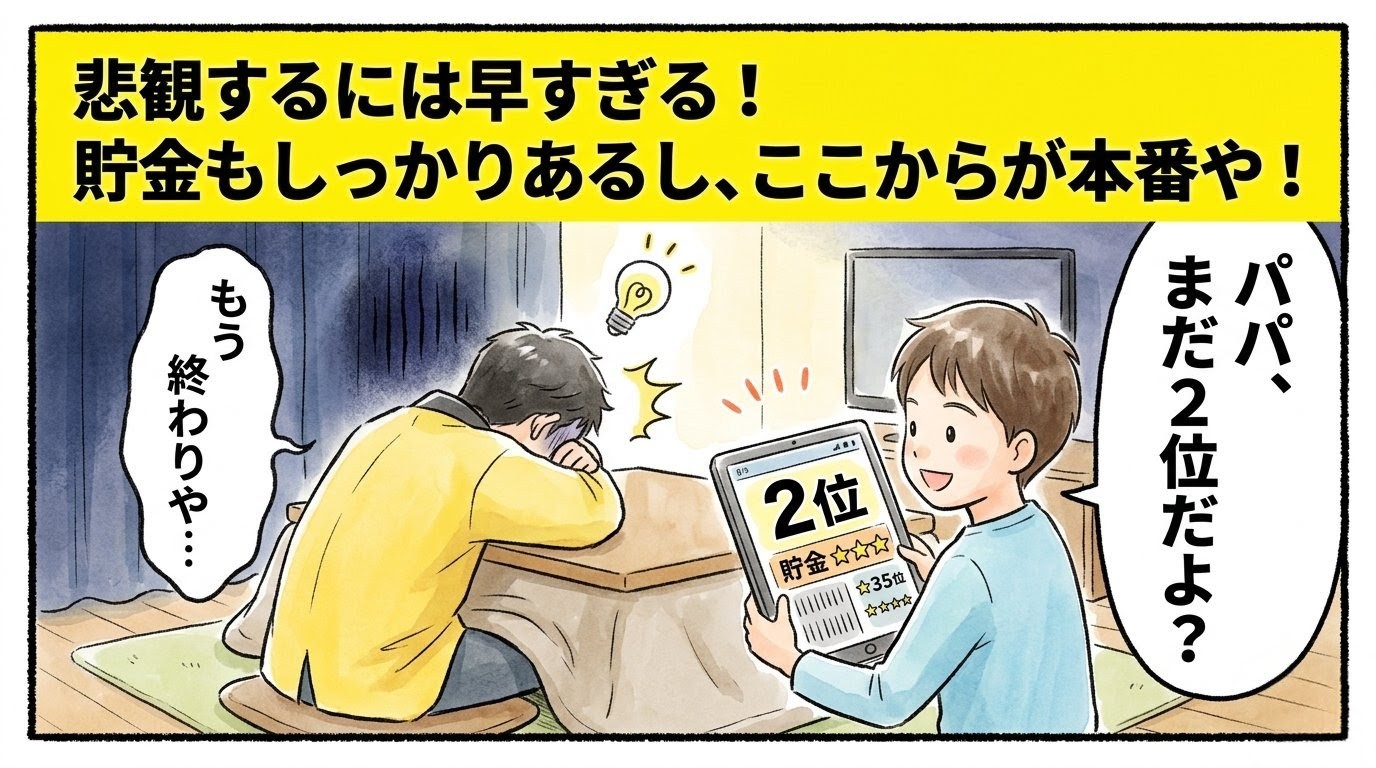 「悲観するには早すぎる！」という巨大な文字。絶望するお父ちゃんに息子が「まだ2位だよ？」と順位表を見せる1コマ漫画。温かい水彩・色鉛筆風。16:9。ロゴなし。