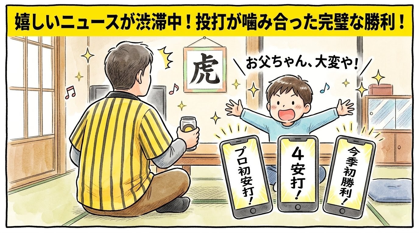 「嬉しいニュースが渋滞中！」という巨大な文字。3台のスマホで福島の初安打、森下の4安打、村上の初勝利を報告する次男とお父ちゃんの温かい1コマ漫画。温かい水彩・色鉛筆風。16:9。ロゴなし。