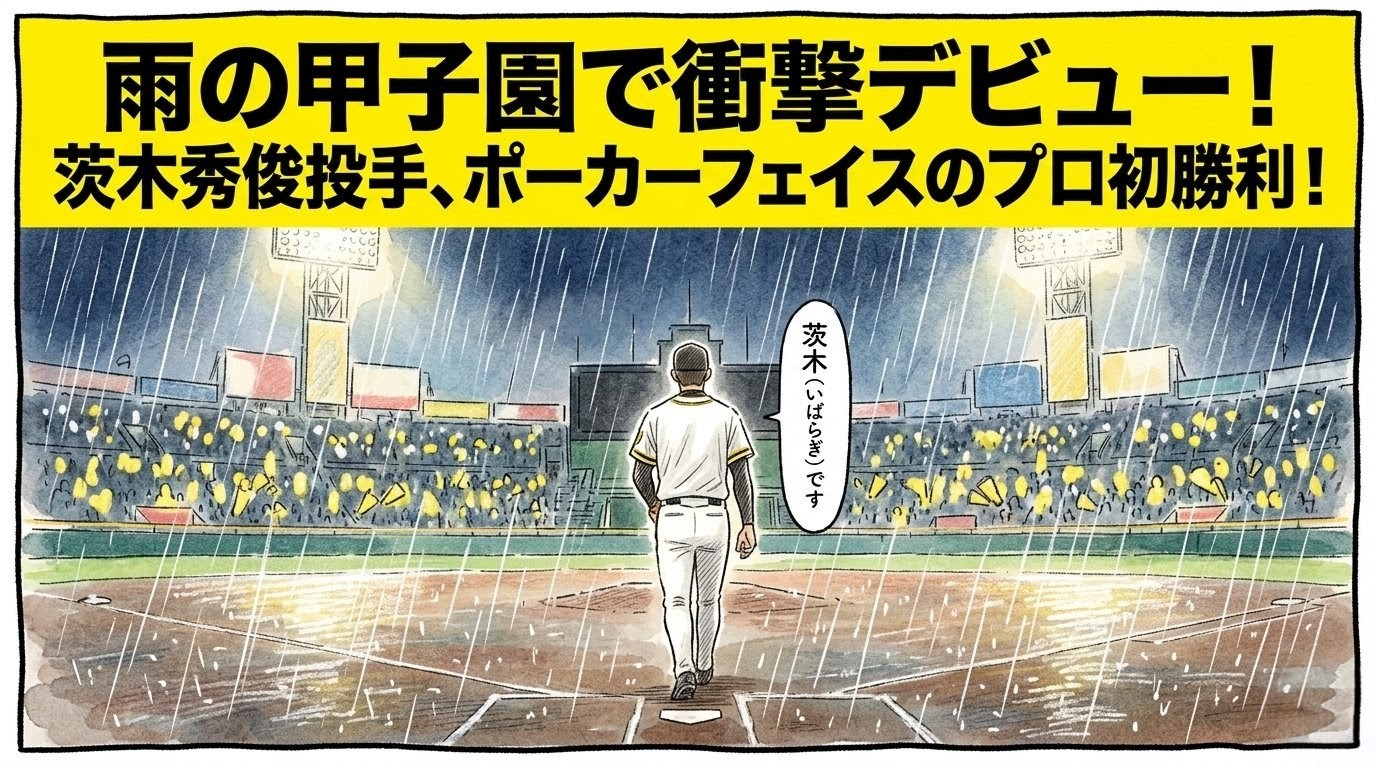 「ポーカーフェイスのプロ初勝利！」という巨大な文字。雨の甲子園で冷静にマウンドを降りる茨木秀俊投手の1コマ漫画。温かい水彩・色鉛筆風。16:9。ロゴなし。
