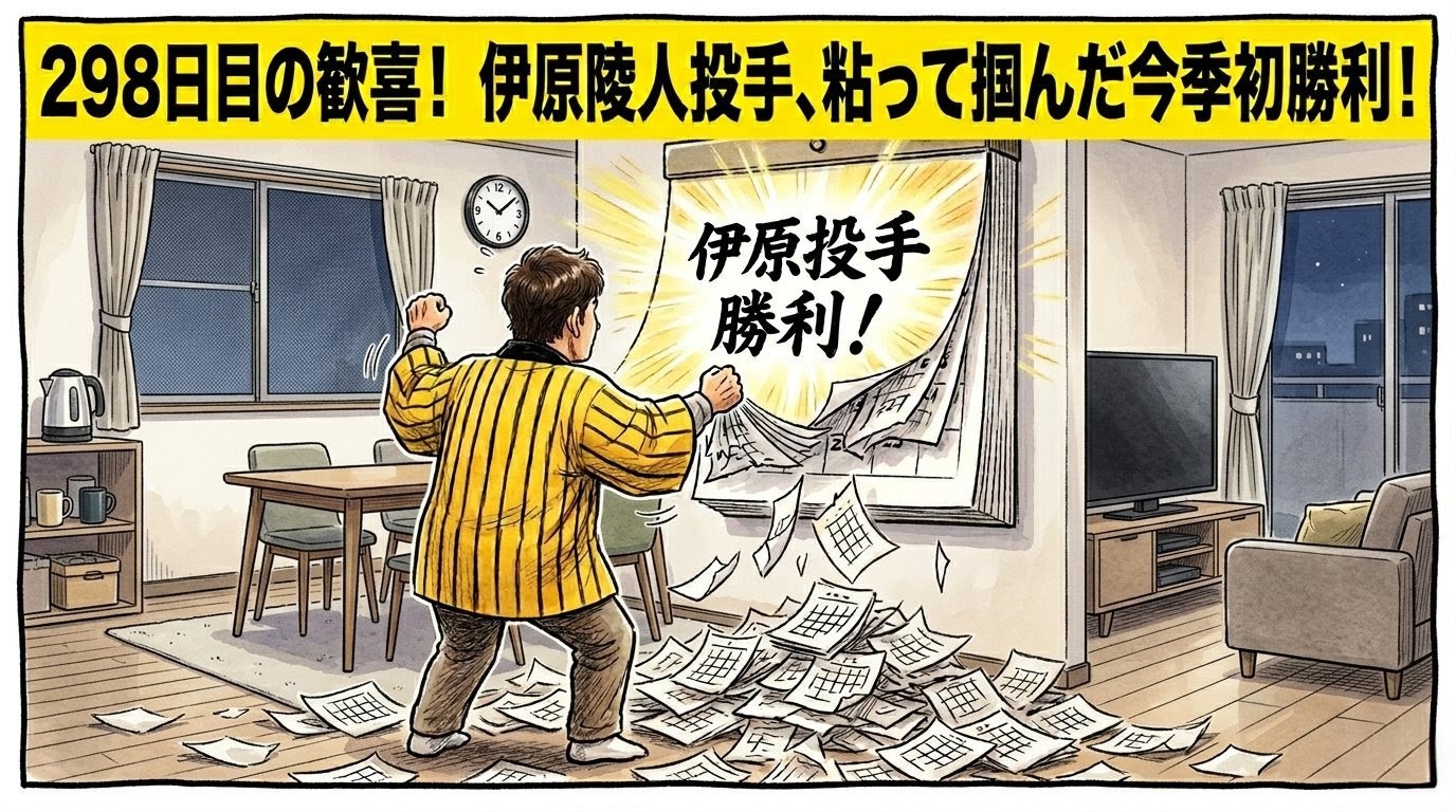 「298日目の歓喜！」という巨大な文字。大量のカレンダーを破り捨てて伊原陵人投手の勝利を喜ぶ、黄色い法被を着た男性の1コマ漫画。温かい水彩・色鉛筆風。16:9。ロゴなし。