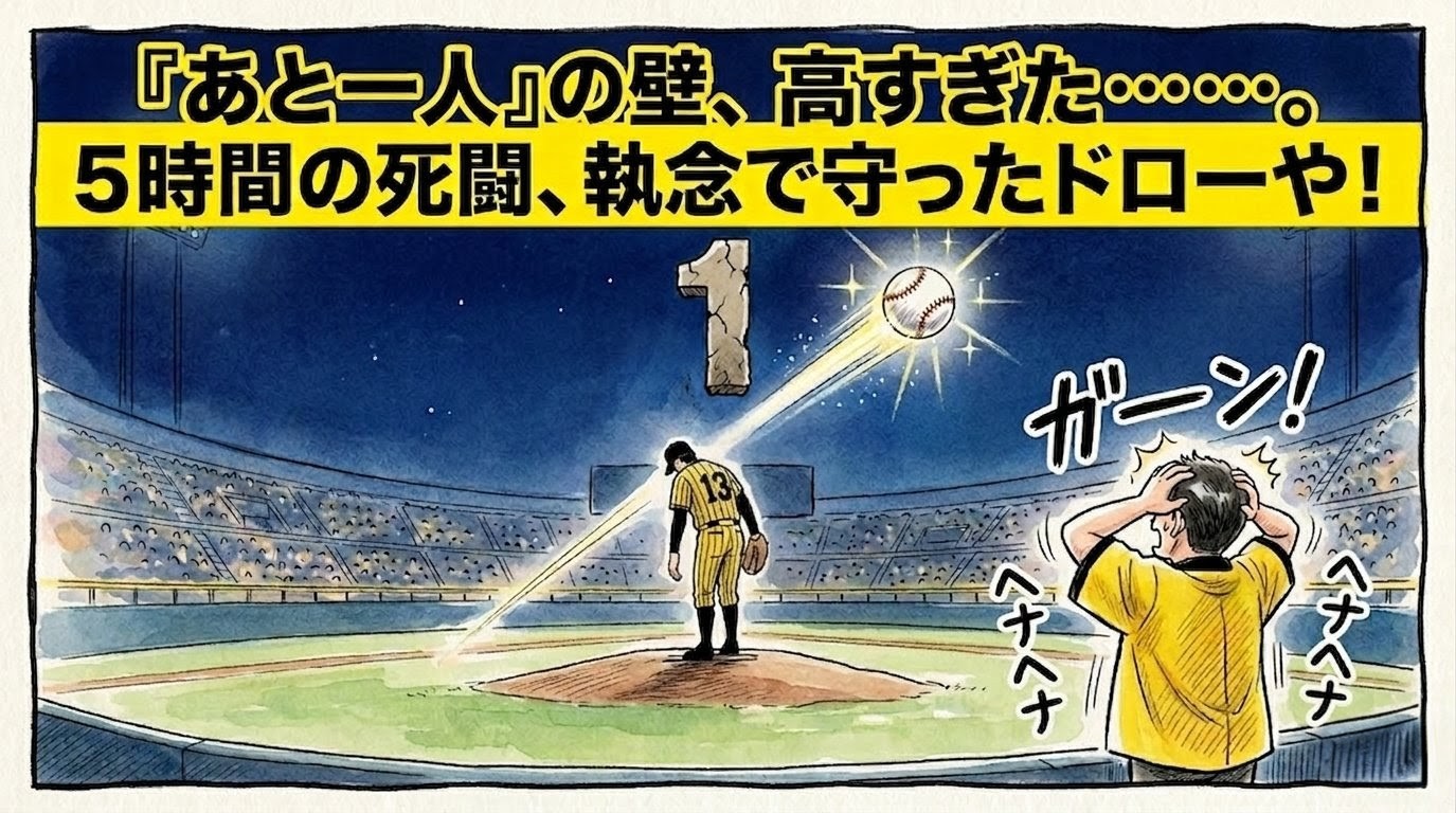「あと一人の壁、高すぎた……」という巨大な文字。9回に追いつかれ天を仰ぐお父ちゃんと、肩を落とす投手の1コマ漫画。温かい水彩・色鉛筆風。16:9。ロゴなし。