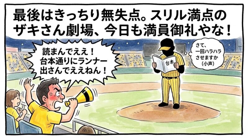 「スリル満点のザキさん劇場！」というセリフ。マウンドで「台本」を読むいわざき投手と、それにツッコミを入れるお父ちゃんの1コマ漫画。温かい水彩・色鉛筆風。16:9。ロゴなし。