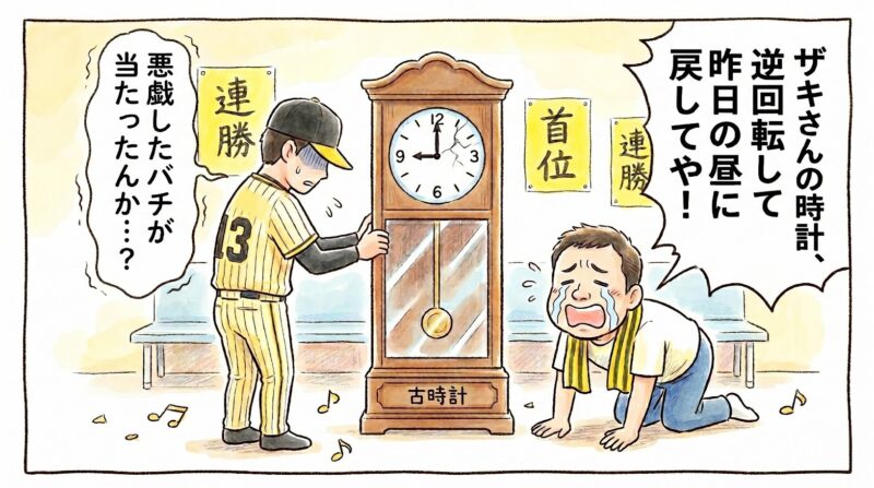 「悪戯したバチが当たったんか…？」と絶望する岩崎投手と、「昨日に戻してや！」と泣き崩れるお父ちゃんの1コマ漫画。巨大な古時計を挟んで、敗戦の悔しさをコミカルに描いた温かい水彩・色鉛筆風イラスト。16:9。ロゴなし。