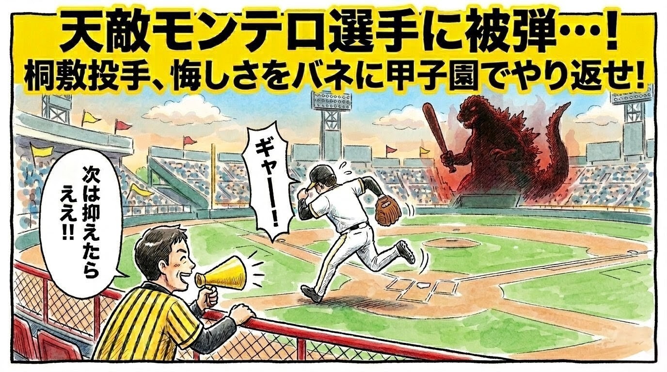 「天敵モンテロ選手に被弾…！」という巨大な文字。巨大な怪獣（モンテロ）から逃げる桐敷投手とお父ちゃんが励ますコミカルな1コマ漫画風アイキャッチ。温かい水彩・色鉛筆風。16:9。ロゴなし。
