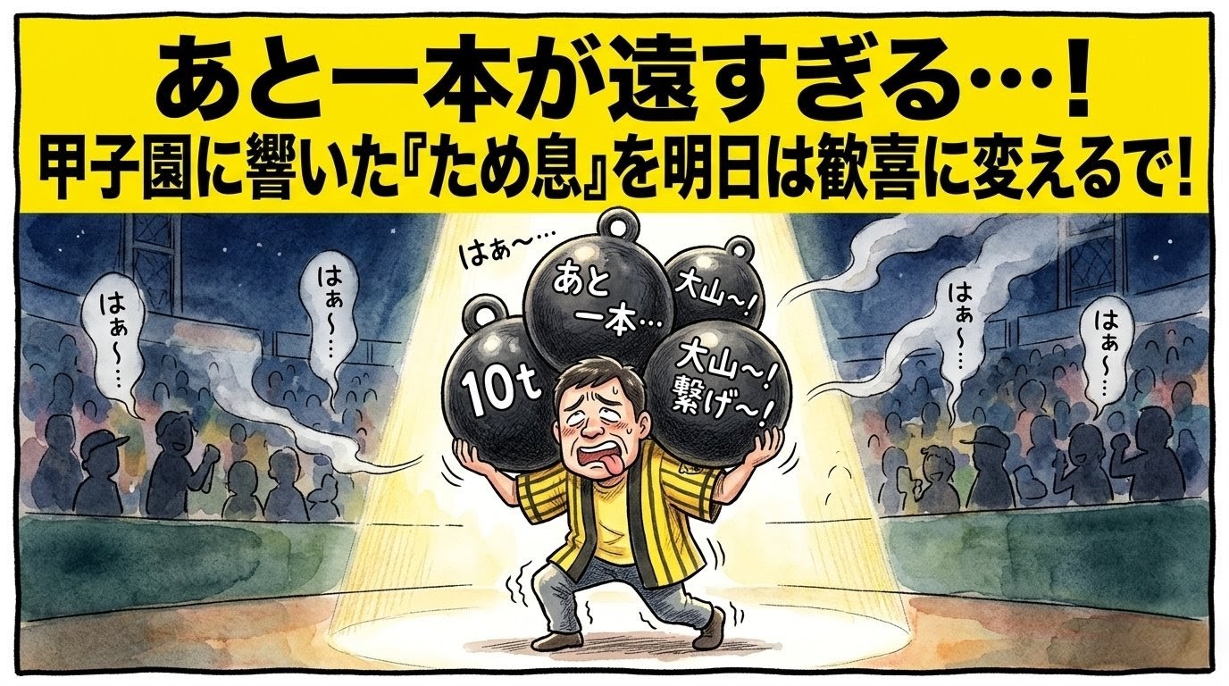 「あと一本が遠すぎる…！」という巨大な文字。ファンのため息が物理的な重り（10t）になって肩にのしかかり、悶絶するお父ちゃんの1コマ漫画。温かい水彩・色鉛筆風。16:9。ロゴなし。