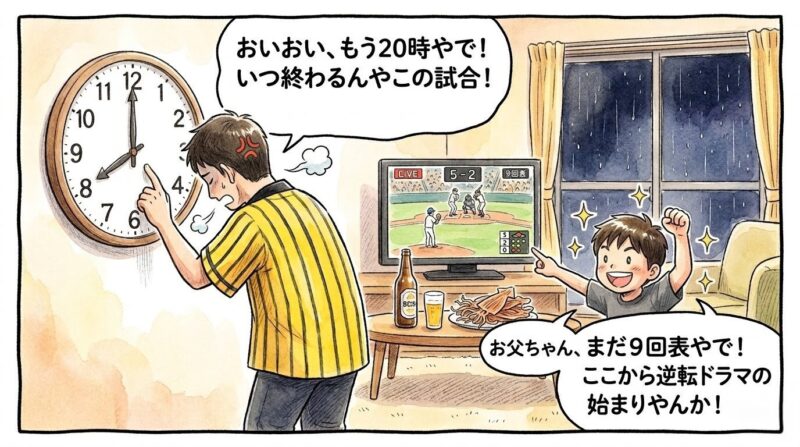「もう20時やで!」と時計を早めるお父ちゃんと、「まだ9回やで!」と喜ぶ次男くんの1コマ漫画。雨の日の野球観戦、6時間の死闘をユーモラスに描いた水彩・色鉛筆風イラスト。16:9。ロゴなし。