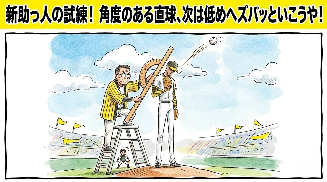 「新助っ人の試練！」という巨大な文字。背が高すぎる投手の背中に脚立に乗った男性が巨大な分度器を当てて角度を調整しているコミカルな1コマ漫画。温かい水彩・色鉛筆風。16:9。ロゴなし。