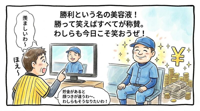 「勝利という名の美容液！」というセリフ。負けても貯金の余裕でツヤツヤの笑顔を浮かべる監督と、それを羨ましそうに眺めるお父ちゃんの1コマ漫画。温かい水彩・色鉛筆風。16:9。ロゴなし。