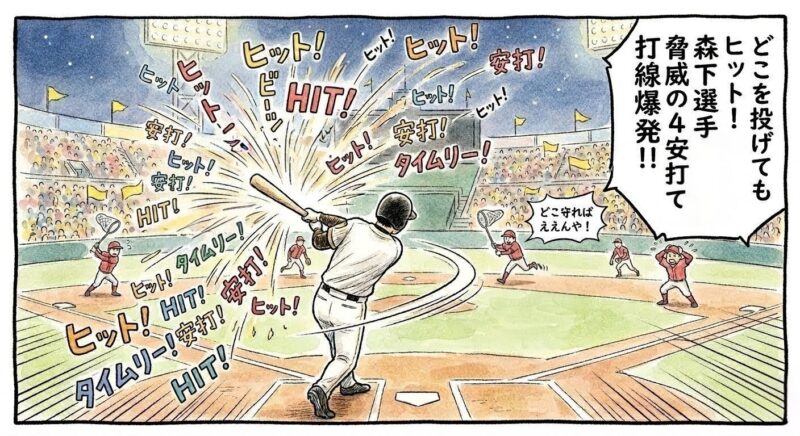 「どこを投げてもヒット!」というセリフ。森下翔太選手のバットから「ヒット」の文字が溢れ出し、相手野手が慌てているユーモラスな1コマ漫画。温かい水彩・色鉛筆風。16:9。ロゴなし。