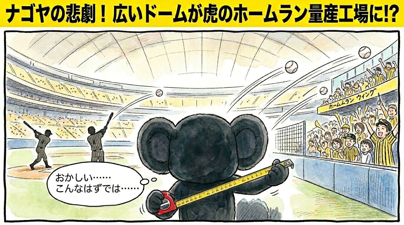 「ナゴヤの悲劇！」という巨大な文字。青いコアラ風のマスコットが泣きながらメジャーで球場の広さを測り直している1コマ漫画。背景にはホームランを連発するタイガース側の演出。温かい水彩・色鉛筆風。16:9。ロゴなし。