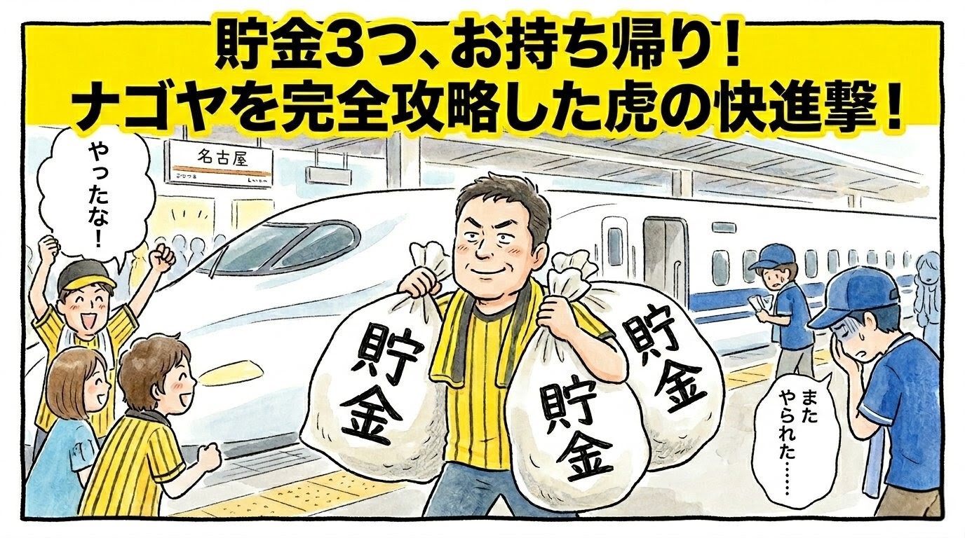 「貯金3つ、お持ち帰り！」という巨大な文字。名古屋駅の新幹線ホームで、巨大な3つの「貯金」袋を担いで帰るお父ちゃんの1コマ漫画風アイキャッチ。温かい水彩・色鉛筆風。16:9。ロゴなし。