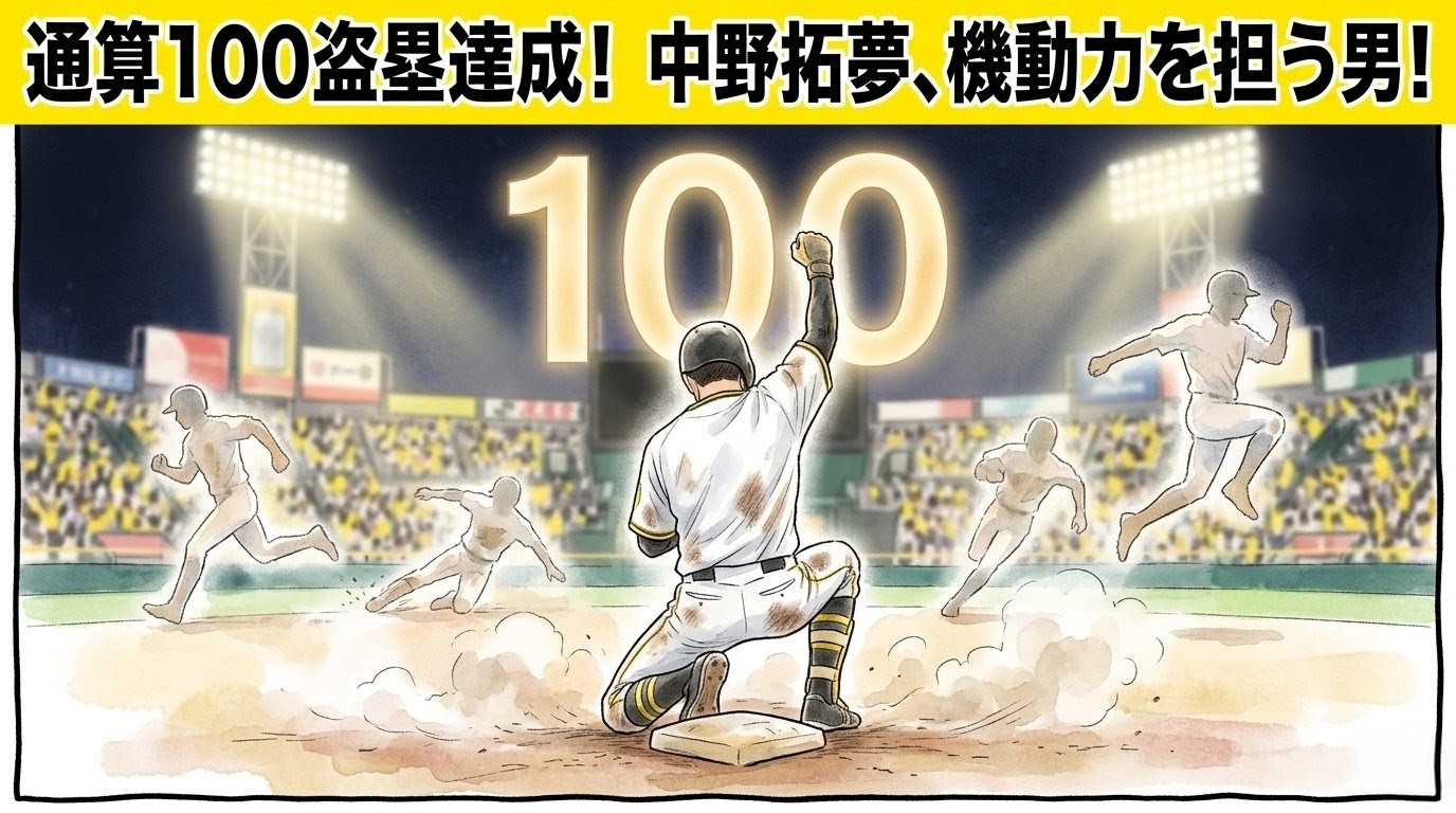 「通算100盗塁達成！」という巨大な文字が入った、二塁ベース上でガッツポーズする選手の1コマ漫画。背景には過去の激走シルエットと輝く100の数字。水彩・色鉛筆風の温かいイラスト。16:9。（※フィクションです、ロゴなし）
