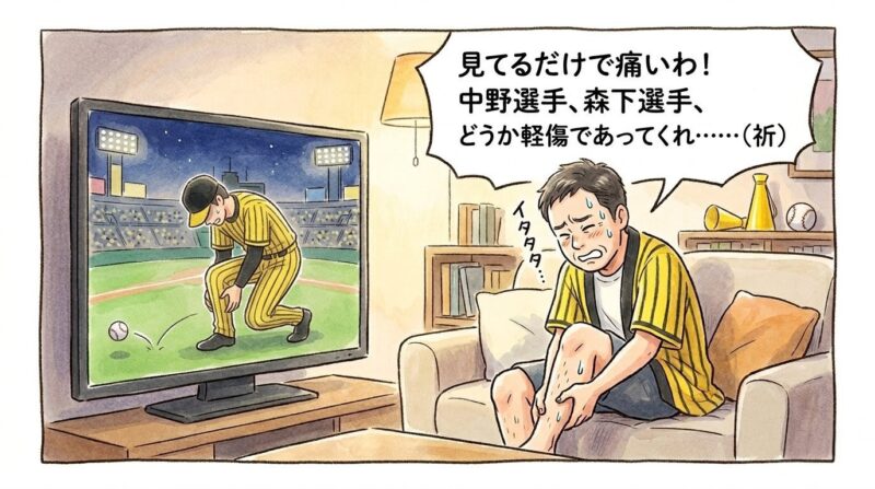 「見てるだけで痛いわ！」というセリフ。リビングでテレビの中の自打球負傷選手を見て、自分の足を押さえて共鳴するお父ちゃんの1コマ漫画。温かみのある水彩・色鉛筆風イラスト。球団ロゴや特定のグッズはない。選手の顔は隠れている。セリフ付き。
