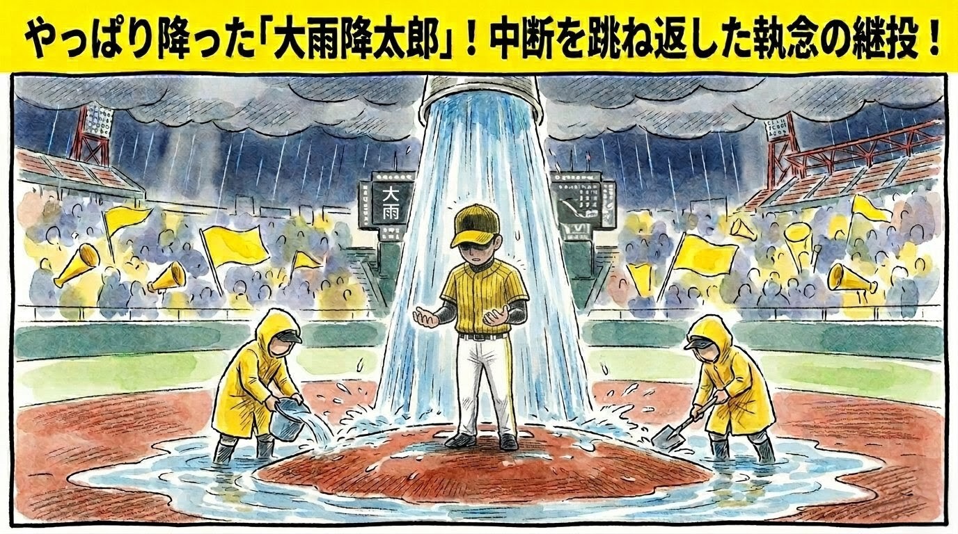 やっぱり降った『大雨降太郎』！」という巨大な文字。大竹耕太郎投手（的な投手）がマウンドで彼だけ土砂降りに遭い、阪神園芸（的な人）が水をかき出す1コマ漫画。温かい水彩・色鉛筆風。16:9。ロゴなし。