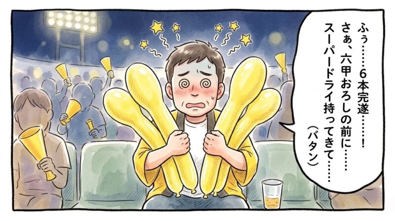 「6本完遂……！」というセリフ。ジェット風船を大量に膨らませ、酸欠で目を回しながらも満足げな表情のお父ちゃんの1コマ漫画。温かい水彩・色鉛筆風。16:9。ロゴなし。