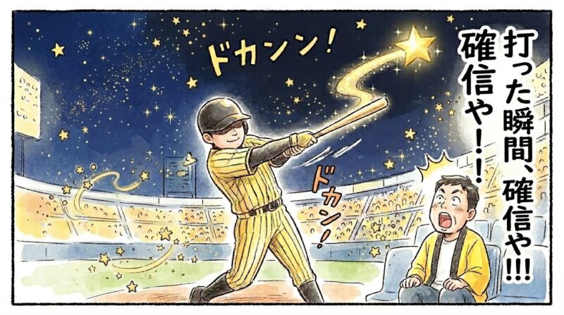 「打った瞬間、確信や！」というセリフ。大山選手の満塁弾が星のように飛んでいくのを見て驚くお父ちゃんの1コマ漫画。温かい水彩・色鉛筆風。16:9。ロゴなし。