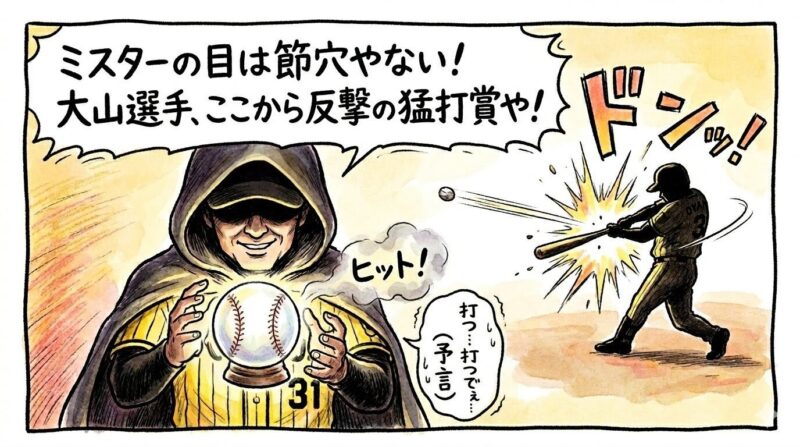 「ミスターの目は節穴やない!」と叫ぶ占い師風のレジェンド。背景で大山悠輔選手が猛打賞のヒットを放つ1コマ漫画。お笑い要素強めの水彩・色鉛筆風イラスト。16:9。ロゴなし。
