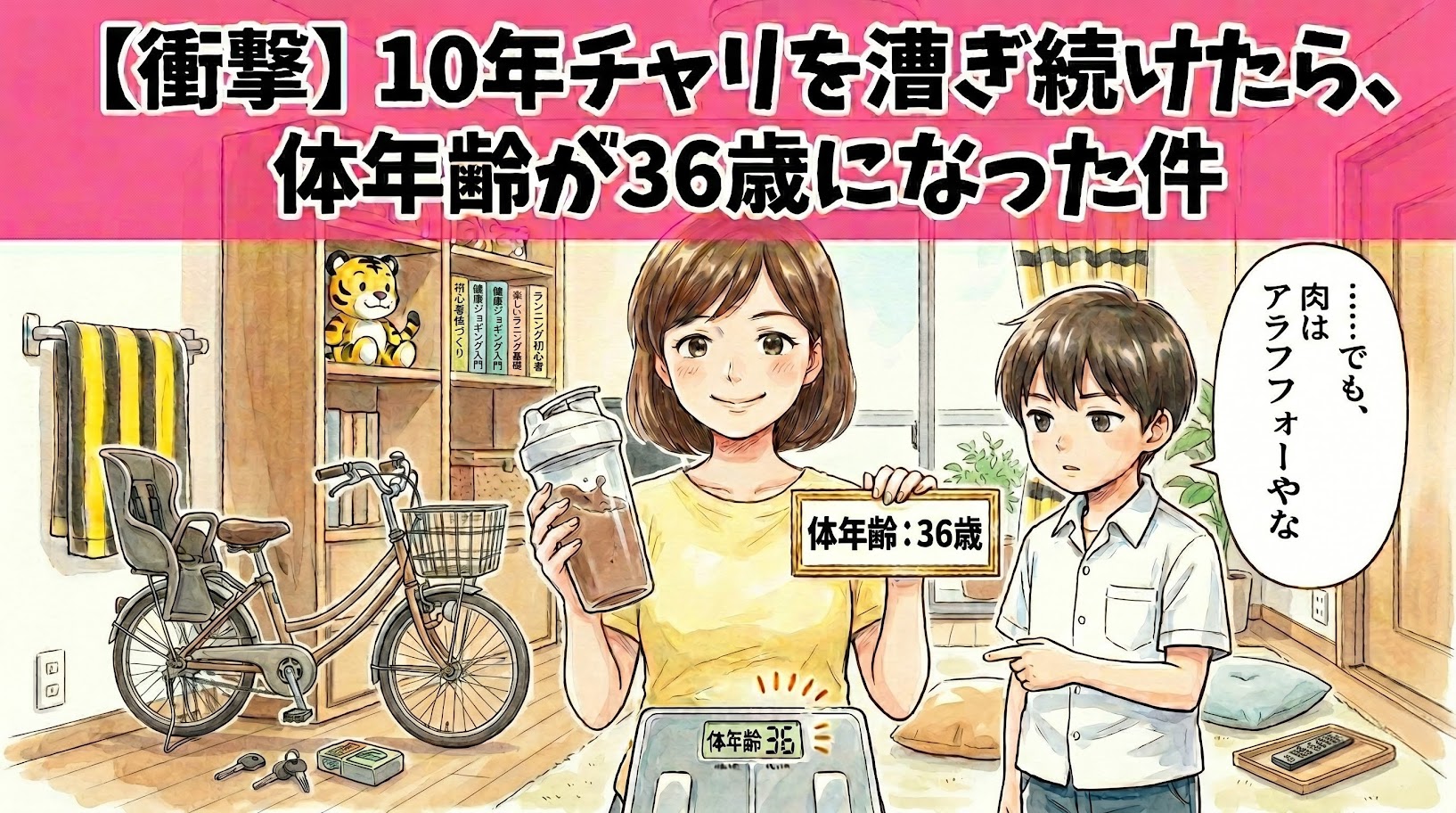 体重計の「体年齢36歳」に喜ぶボブヘアの大阪の母ちゃんと、お腹の肉を冷静に指差して「見た目はアラフォー」とツッコむ子供の一コマ漫画。上部にピンク帯で「現実は甘くない。アラフォー母ちゃんの体組成ガチ公開。」の巨大な文字。16:9。ロゴなし。