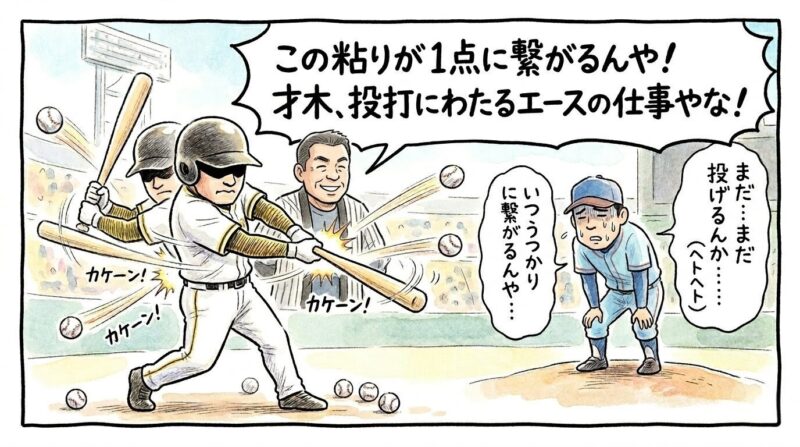 「この粘りが1点に繋がるんや!」というセリフが入った1コマ漫画。打席で必死にファールを打ち続ける選手と、疲れ果てた相手投手の姿。背景には水彩の柔らかなスタジアム。16:9。(※フィクションです、ロゴなし)