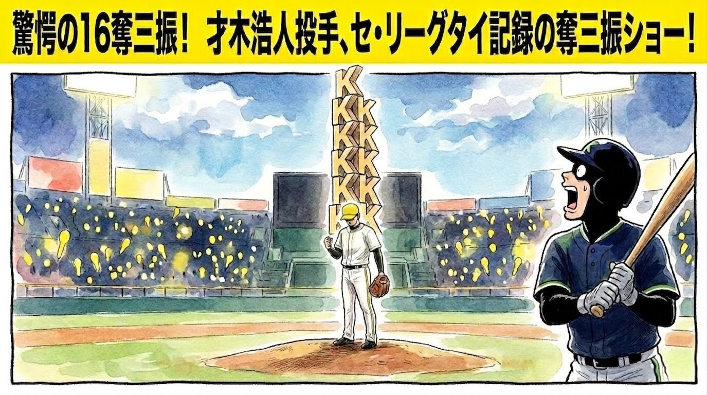 「驚愕の16奪三振！」という巨大な文字。16個のKを積み上げたタワーの前に立つ才木浩人投手（風）と、呆然とする打者の1コマ漫画。温かい水彩・色鉛筆風。16:9。ロゴなし。