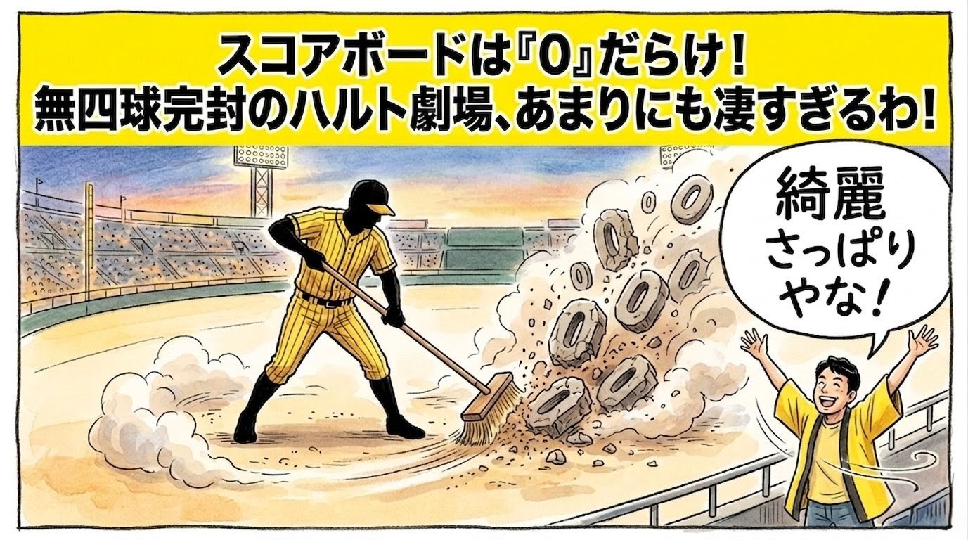 「スコアボードは『0』だらけ！」という巨大なデカ文字。黄色と黒の配色（ロゴなし）のユニフォームを着た左腕投手が、巨大なほうきで立体的な「0」のゴミを土煙とともに掃き出し、スタンドから黄色ハッピのお父ちゃんが「綺麗さっぱりやな！」と喜ぶ手書き風の一コマ漫画。16:9。ロゴなし。