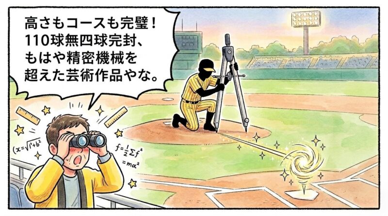 「高さもコースも完璧！」というセリフ。マウンドで巨大なコンパスを使い、ミットに直線を引く左腕投手（髙橋遥人投手風）と、それを見て感動するお父ちゃんの1コマ漫画。温かみのある水彩・色鉛筆風。16:9。ロゴなし。