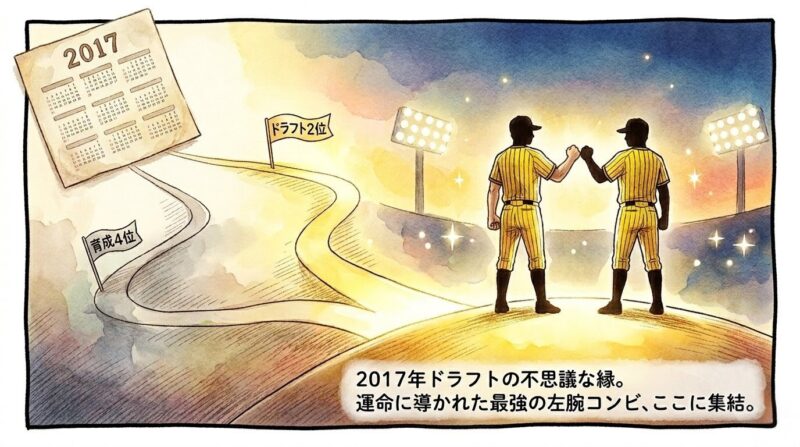 2017年のカレンダーから始まる二つの道が、一つのマウンドで重なり合う。背中合わせでグータッチを交わす二人のサウスポーの1コマ漫画。温かみのある水彩・色鉛筆風イラスト。16:9。ロゴなし。