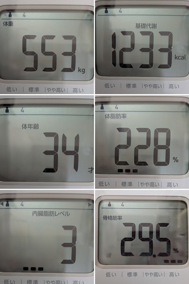 体組成計の液晶画面のコラージュ画像。体重55.3kg、基礎代謝1233kcal、体年齢34才、体脂肪率22.8%、内臓脂肪レベル3、骨格筋率29.5%を表示している。各項目に日本語のデジタル表示ラベルがついている。16:9。
