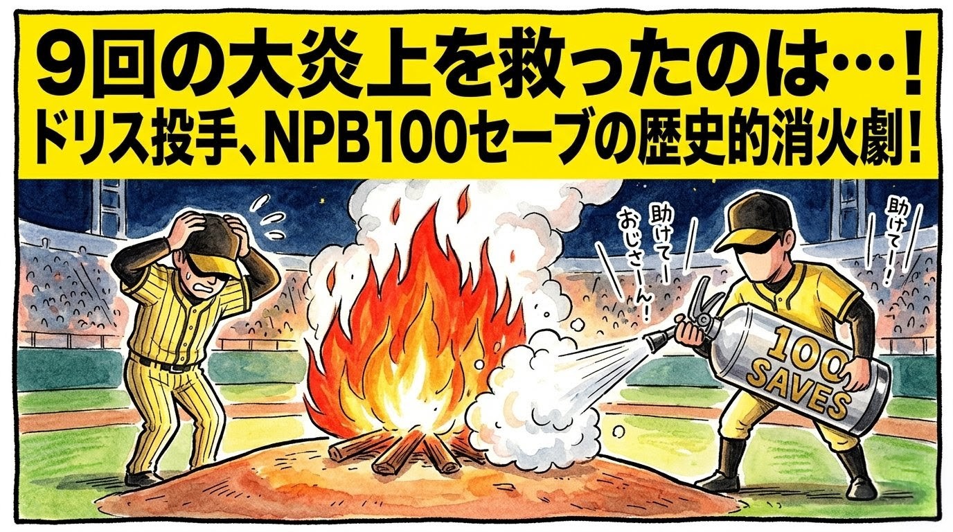 「9回の大炎上を救ったのは…！」という巨大なデカ文字。火の出たマウンドで困り果てる投手と、100セーブの消火器を担いで現れたドリス投手の1コマ漫画。温かみのある水彩・色鉛筆風。16:9。ロゴなし。