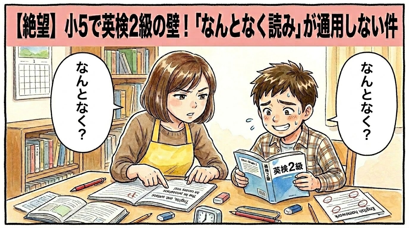 画面上部のピンクの帯に「【絶望】小5で英検2級の壁！『なんとなく読み』が通用しない件」という巨大なデカ文字。英検2級のテキストを前に冷や汗を流して苦笑いする小5の長男と、ノートを指差してジト目で覗き込むボブヘアの母親の一コマ漫画。二人の間に「なんとなく？」という大きな吹き出しがある。水彩画風のイラスト。16:9。