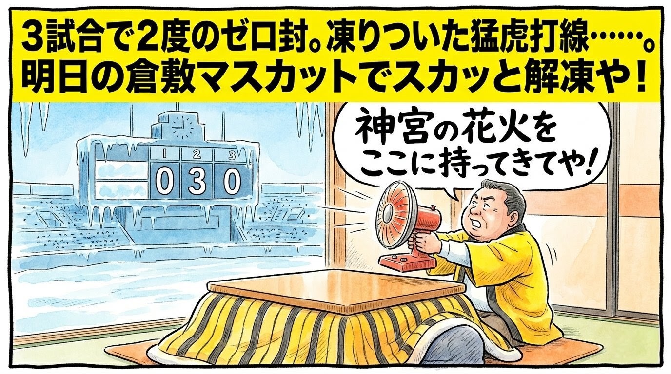 直近のスコア「0 3 0」がカチコチに氷漬けになったスコアボードに向けて、コタツの中から電気ストーブを必死に掲げる黄色い法被姿のお父ちゃんの一コマ漫画風イラスト。最上部に鮮やかな黄色バナーで「3試合で2度のゼロ封。凍りついた猛虎打線……。」のデカ文字入り。16:9。