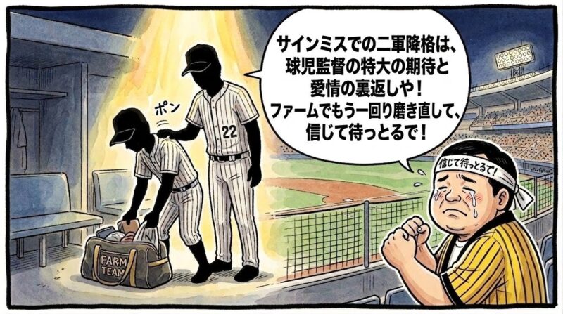 ベンチ裏でうつむきながら二軍行きの荷物をまとめる若い野手のシルエットと、その背中に優しい手を置いて黄金の親心オーラを放つ監督のシルエット。それを見ながら客席で涙を流して「信じて待っとるで！」とハチマキ姿でガッツポーズする黄色い法被姿のお父ちゃんを描いた、温かみのある水彩・色鉛筆風の一コマ漫画。16:9。ロゴなし。