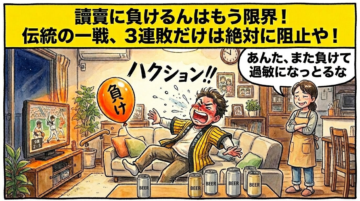 「讀賣に負けるんはもう限界！」という巨大なデカ文字。オレンジ色を見てくしゃみをするお父ちゃんと、それを見て呆れるお母ちゃんの1コマ漫画風イラスト。温かみのある水彩・色鉛筆風。16:9。ロゴなし。