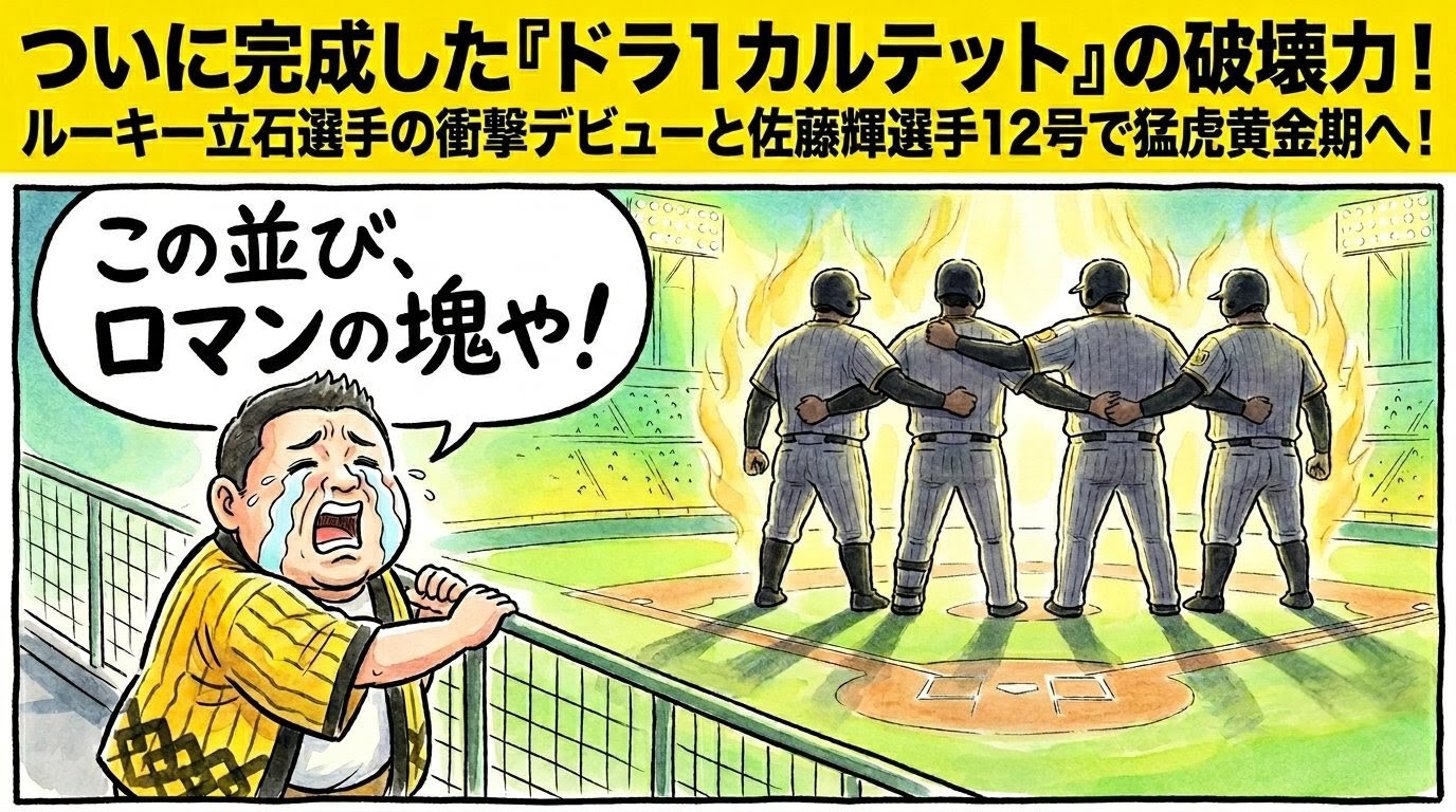 並び立つ4人の巨大なスラッガーたちのシルエットと、それを見てフェンスにしがみついて大号泣して喜ぶ黄色い法被姿のお父ちゃんの一コマ漫画風イラスト。最上部に黄色い極太バナーで「ついに完成した『ドラ1カルテット』の破壊力！」のデカ文字入り。16:9。