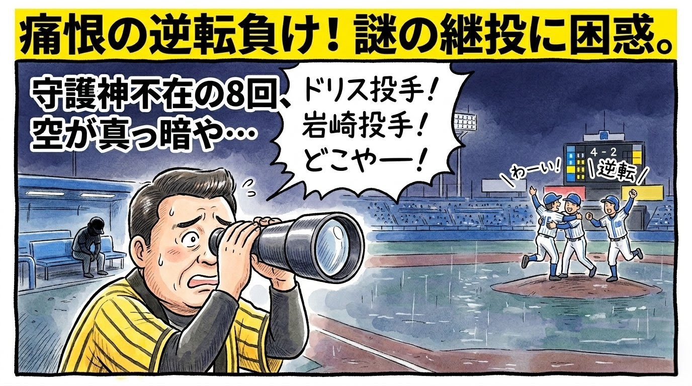 夜のスタジアムで、黄色と黒の法被を着たお父ちゃんが双眼鏡でベンチを覗き「ドリス！岩崎！どこやー！」と叫ぶ困惑の一コマ漫画風イラスト。最上部には黄色のバナーで「痛恨の逆転負け！ 謎の継投」のデカ文字。16:9。