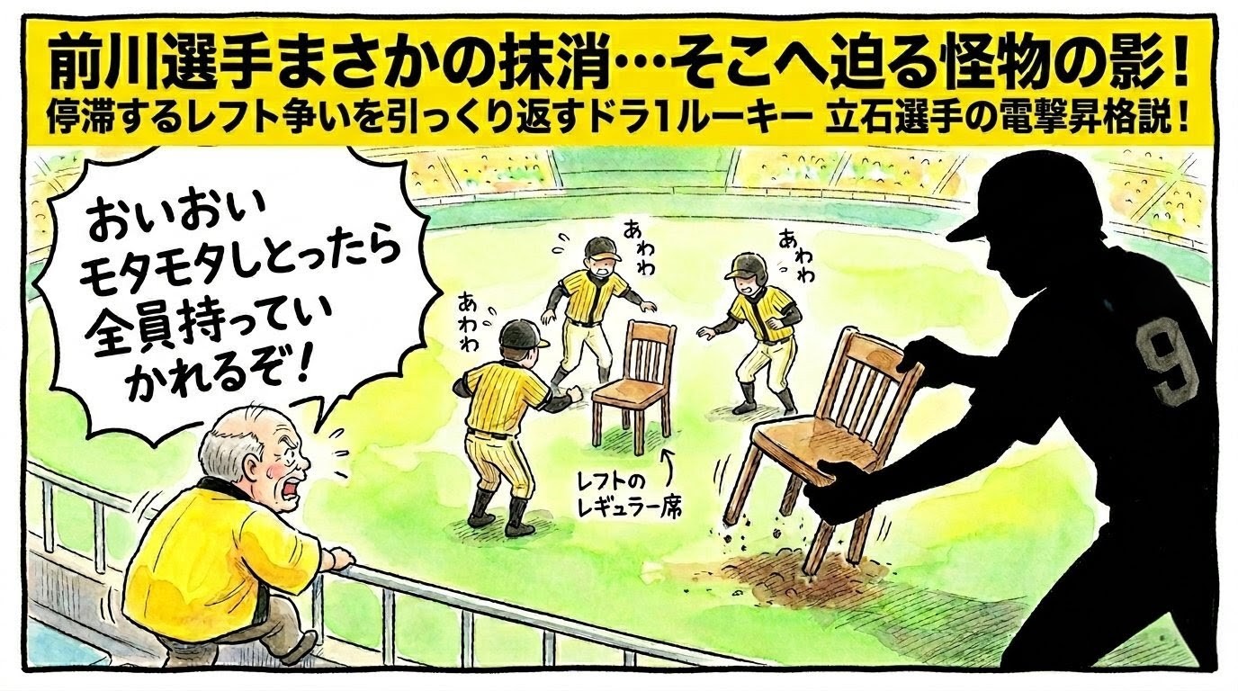 レフトの椅子取りゲームを繰り広げる選手たちと、その椅子を根こそぎ奪おうとする巨大なドラ1ルーキーのシルエット、それを見て驚く黄色い法被姿のお父ちゃんの一コマ漫画風イラスト。最上部に黄色い極太バナーで「前川選手まさかの抹消…そこへ迫る怪物の影！」のデカ文字入り。16:9。