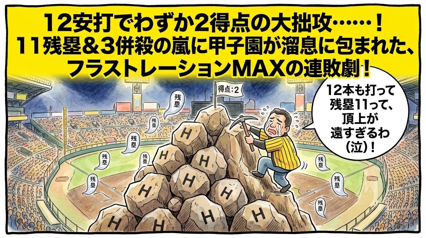 甲子園のグラウンドに積み重なった「12安打」という巨大な岩の山を懸命に登るも、頂上の「2得点」の旗に手が届かず大泣きしてズッコケる黄色い法被姿のお父ちゃん。周囲に「残塁」と書かれた小さなオバケの影が11体浮いている様子を描いた一コマ漫画風イラスト。最上部に黄色い極太バナーで「12安打でわずか2得点の大拙攻……！」のデカ文字入り。16:9。ロゴなし。
