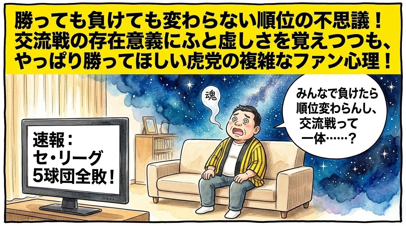 テレビの「セ・リーグ5球団全敗！」のテロップを見ながら、清潔なソファーの上で魂を口から抜いて目がぐるぐるの虚無状態になり、背景の宇宙空間や天の川を漂う黄色い法被姿のお父ちゃんを描いた一コマ漫画風イラスト。最上部に黄色い極太バナーで「勝っても負けても変わらない順位の不思議！」のデカ文字入り。16:9。テレビの「セ・リーグ5球団全敗！」のテロップを見ながら、清潔なソファーの上で魂を口から抜いて目がぐるぐるの虚無状態になり、背景の宇宙空間や天の川を漂う黄色い法被姿のお父ちゃんを描いた一コマ漫画風イラスト。最上部に黄色い極太バナーで「勝っても負けても変わらない順位の不思議！」のデカ文字入り。16:9。