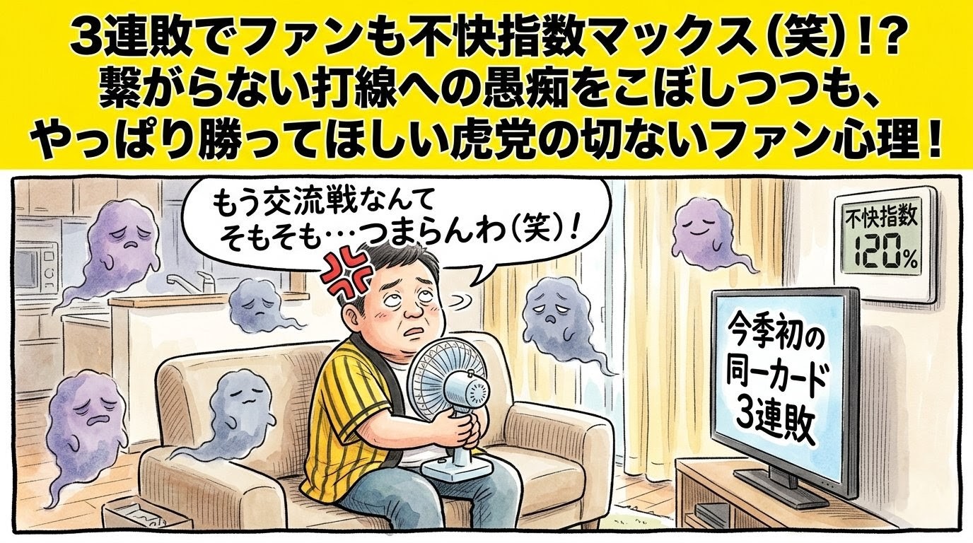 テレビの「今季初の同一カード3連敗」というテロップを見ながら、頭にイライラマークを乗せて扇風機を抱きかかえ、ソファーで虚無を見つめる黄色い法被姿のお父ちゃん。部屋の湿度計が「不快指数120%」を記録し、周囲にジメジメした湿気のオバケが浮いている様子を描いた一コマ漫画風イラスト。最上部に黄色い極太バナーで「3連敗でファンも不快指数マックス（笑）！？」のデカ文字入り。16:9。ロゴなし。