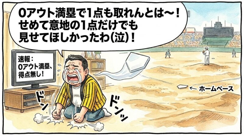 砂漠のように遠いホームベースの上で仁王立ちする相手投手のシルエットと、その手前で行き倒れるようにズッコケるタイガースの走者たちのシルエット。それを見ながらリビングの床を叩いて悔しがる黄色い法被姿のお父ちゃんを描いた、温かみのある水彩・色鉛筆風の一コマ漫画。16:9。