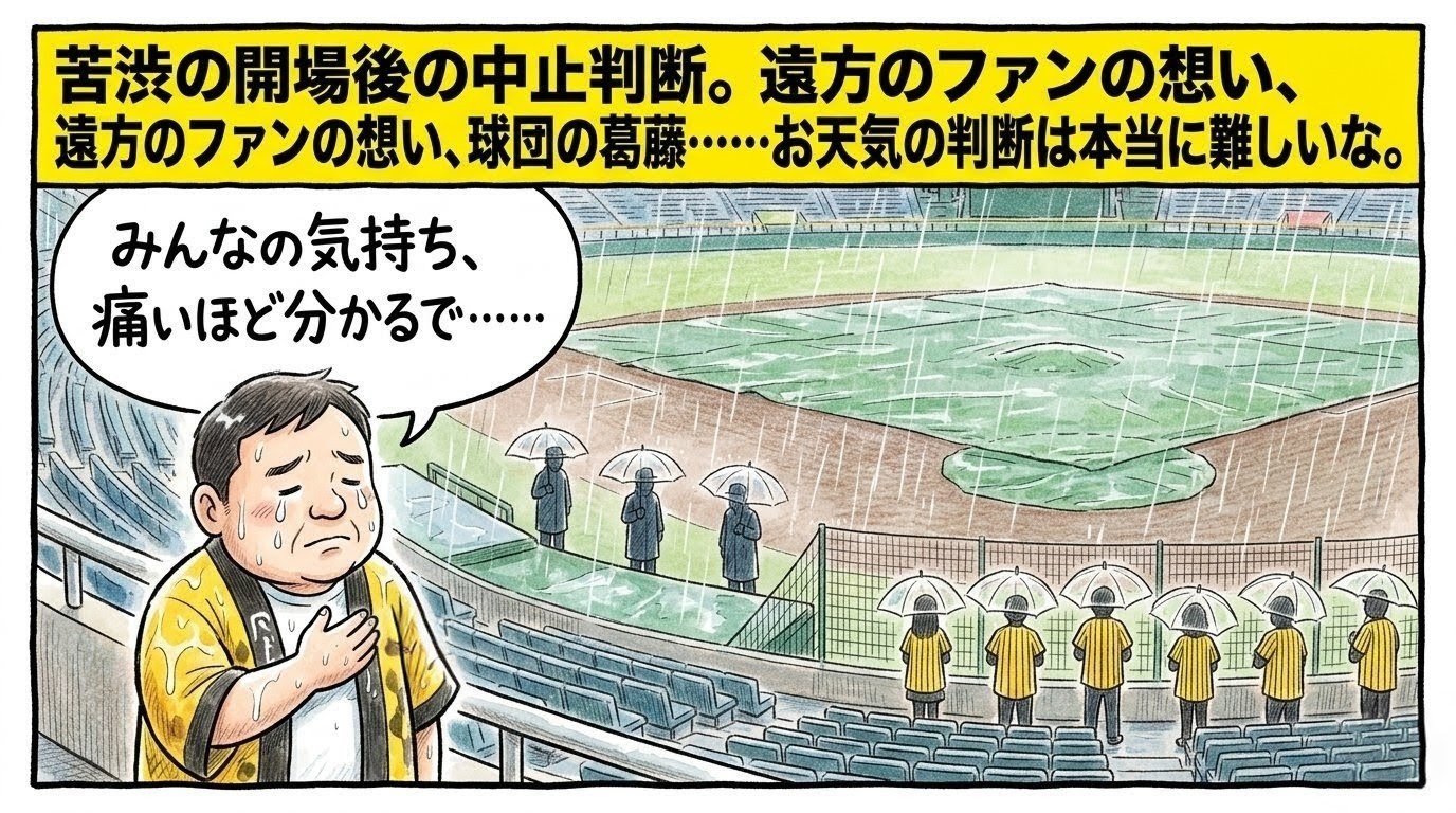 激しい雨が降る無人のグラウンドを挟んで、静かに見つめ合う球場スタッフとユニフォーム姿のファンのシルエット。それを見ながらスタンドで胸に手を当てて静かに涙を流す黄色い法被姿のお父ちゃんを描いた、温かみのある水彩・色鉛筆風の一コマ漫画。最上部に黄色い極太バナーで「苦渋の開場後の中止判断。」のデカ文字入り。16:9。